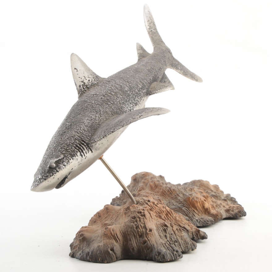 Textured Cast Metal Shark on Wood Base