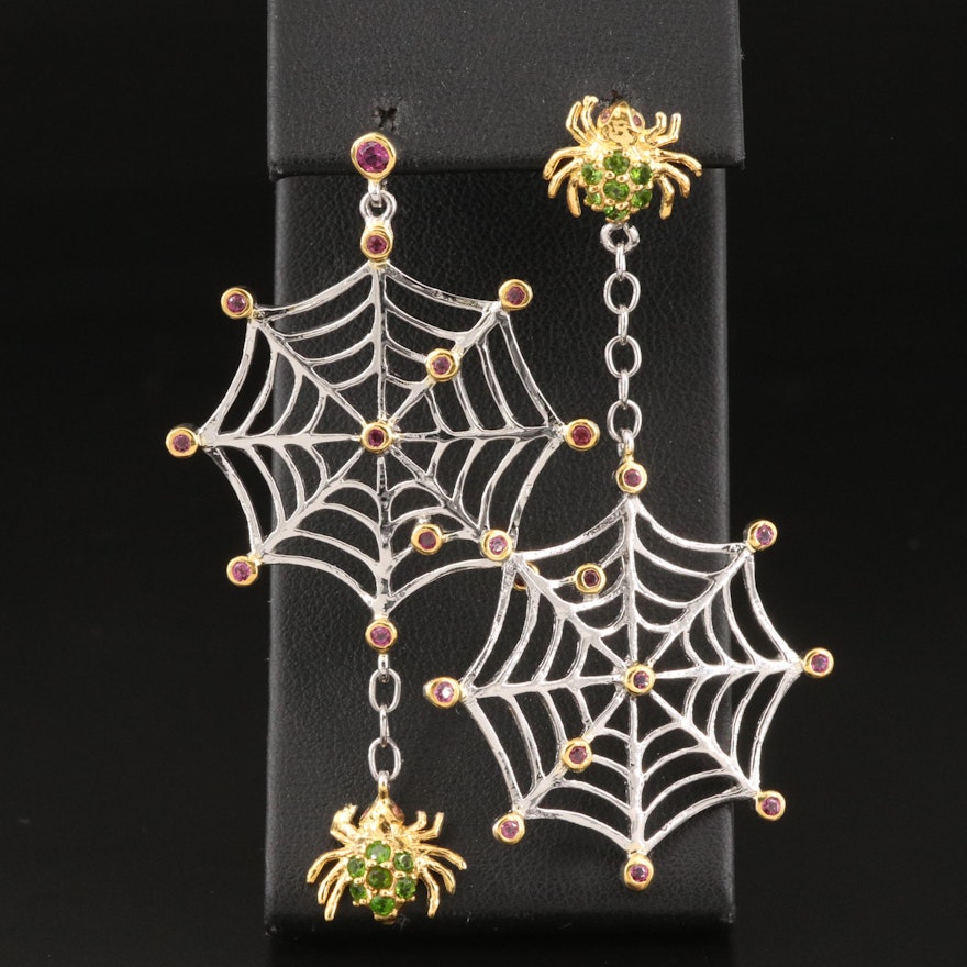 Sterling Garnet and Diopside Spider with Web Earrings