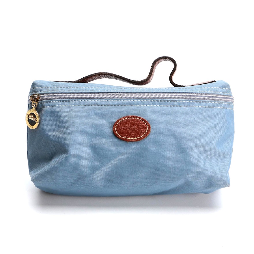 Longchamp Le Pliage Cosmetic Case in Blue with Brown Leather Trim