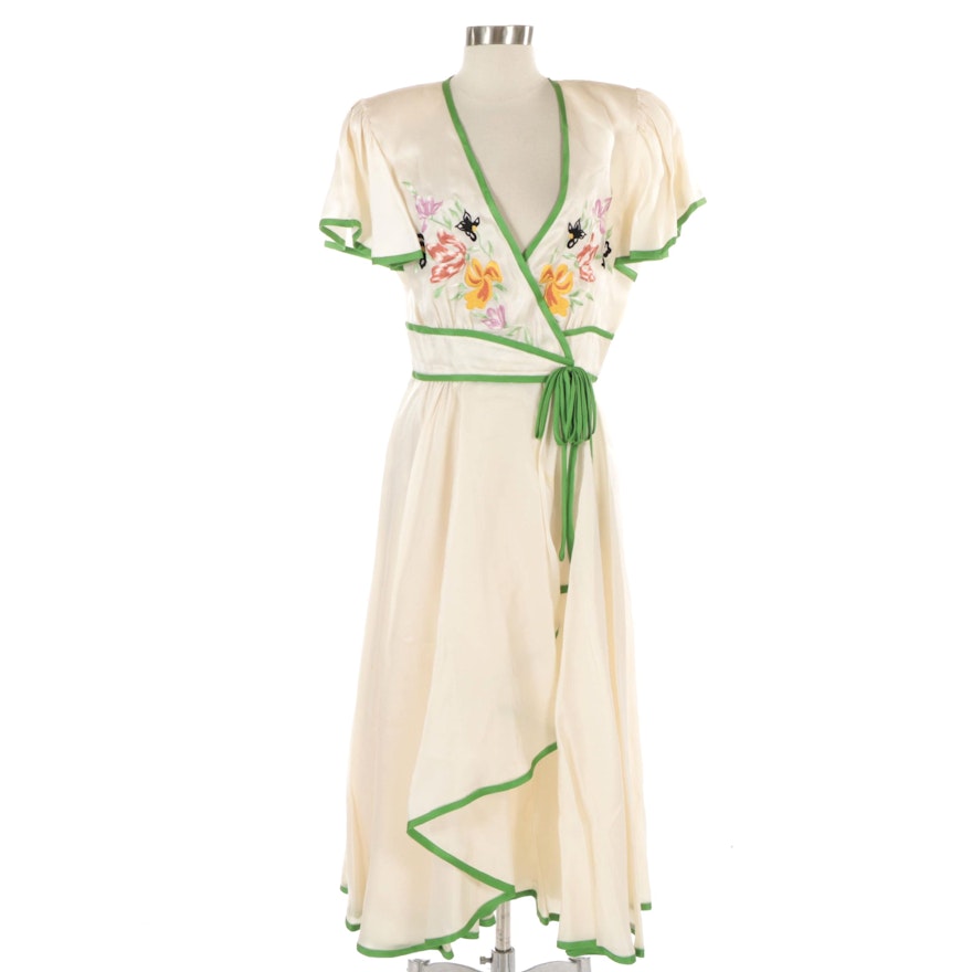 Silk Wrap Dress with Floral Embroidery and Flutter Sleeves
