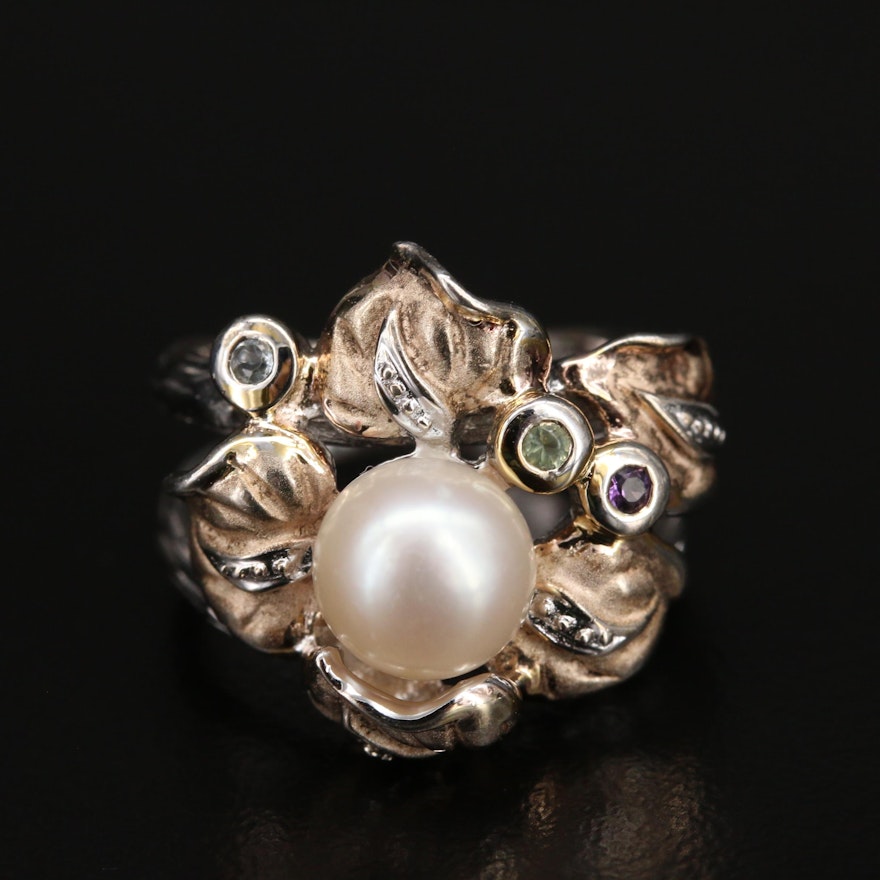 Sterling Pearl, Amethyst and Gemstone Anthurium Ring