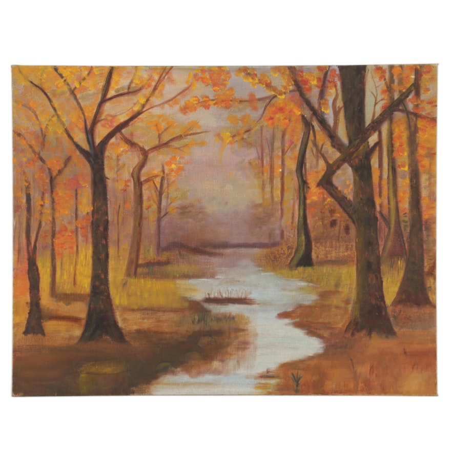 Autumn Forest Creek Oil Painting, Mid-Late 20th Century
