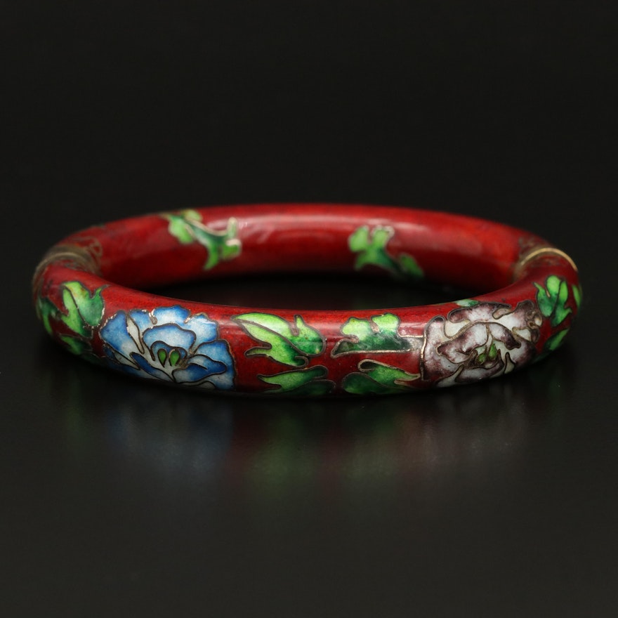 Vintage Chinese Cloisonné Hinged Floral Bangle