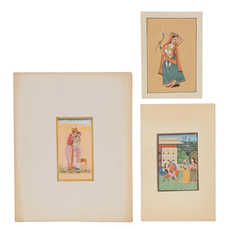 Indian Mughal Gouache Paintings and Manuscript Leafs