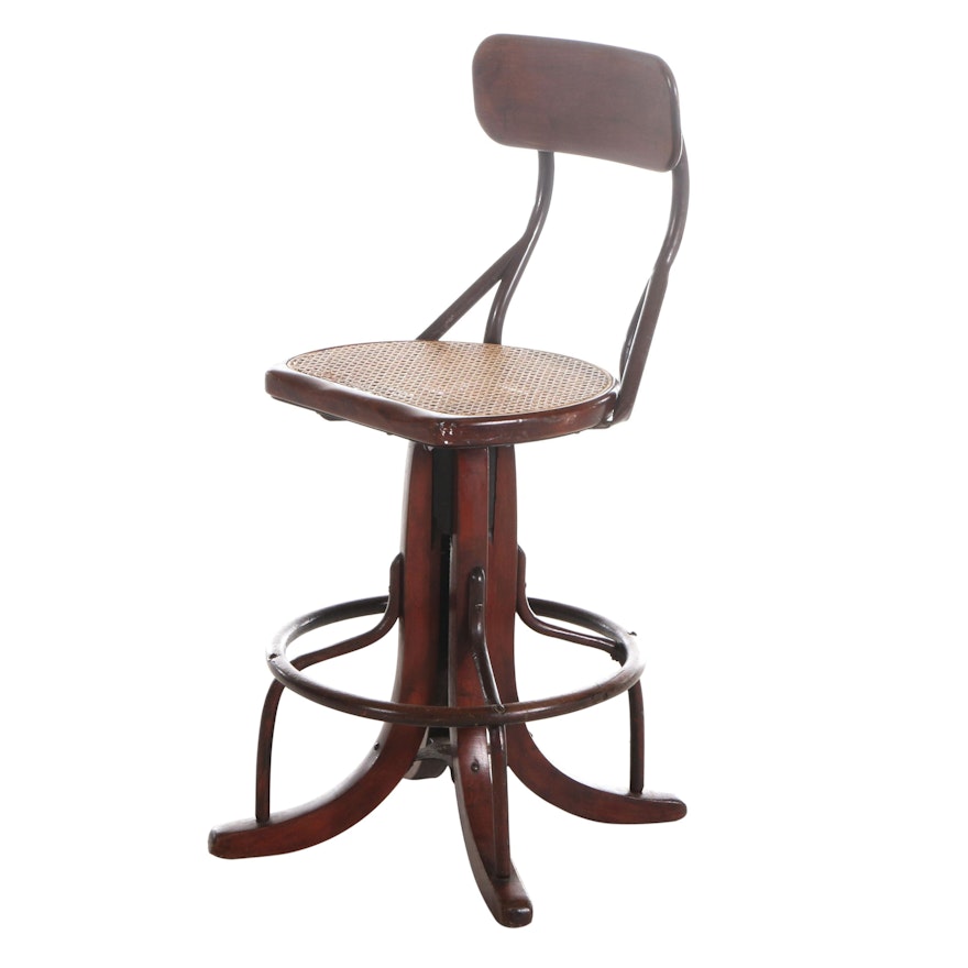 Industrial Bentwood Swivel Stool with Foot Rail, Early to Mid 20th Century