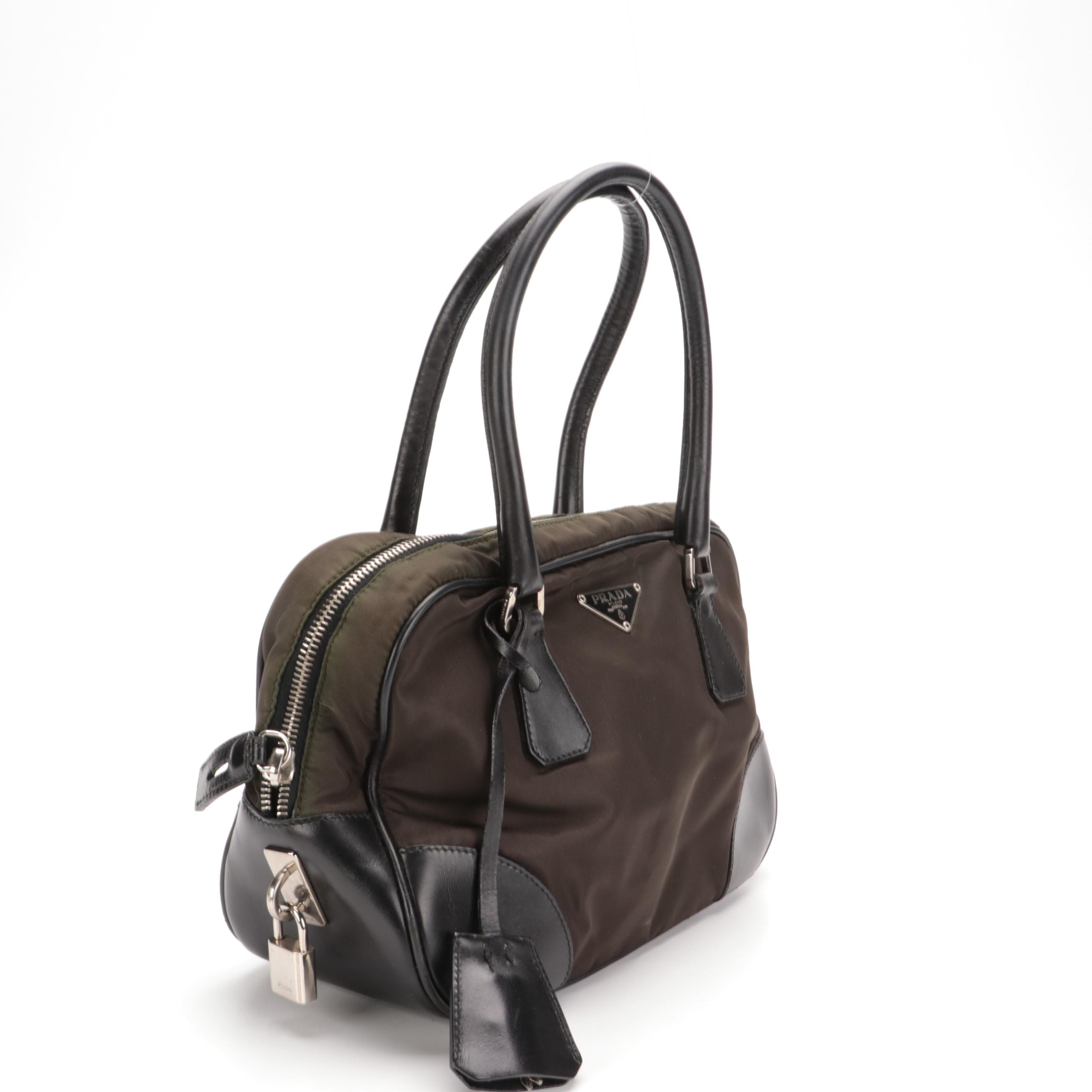Prada Tessuto Boston Bag in Olive Green Nylon and Black Leather