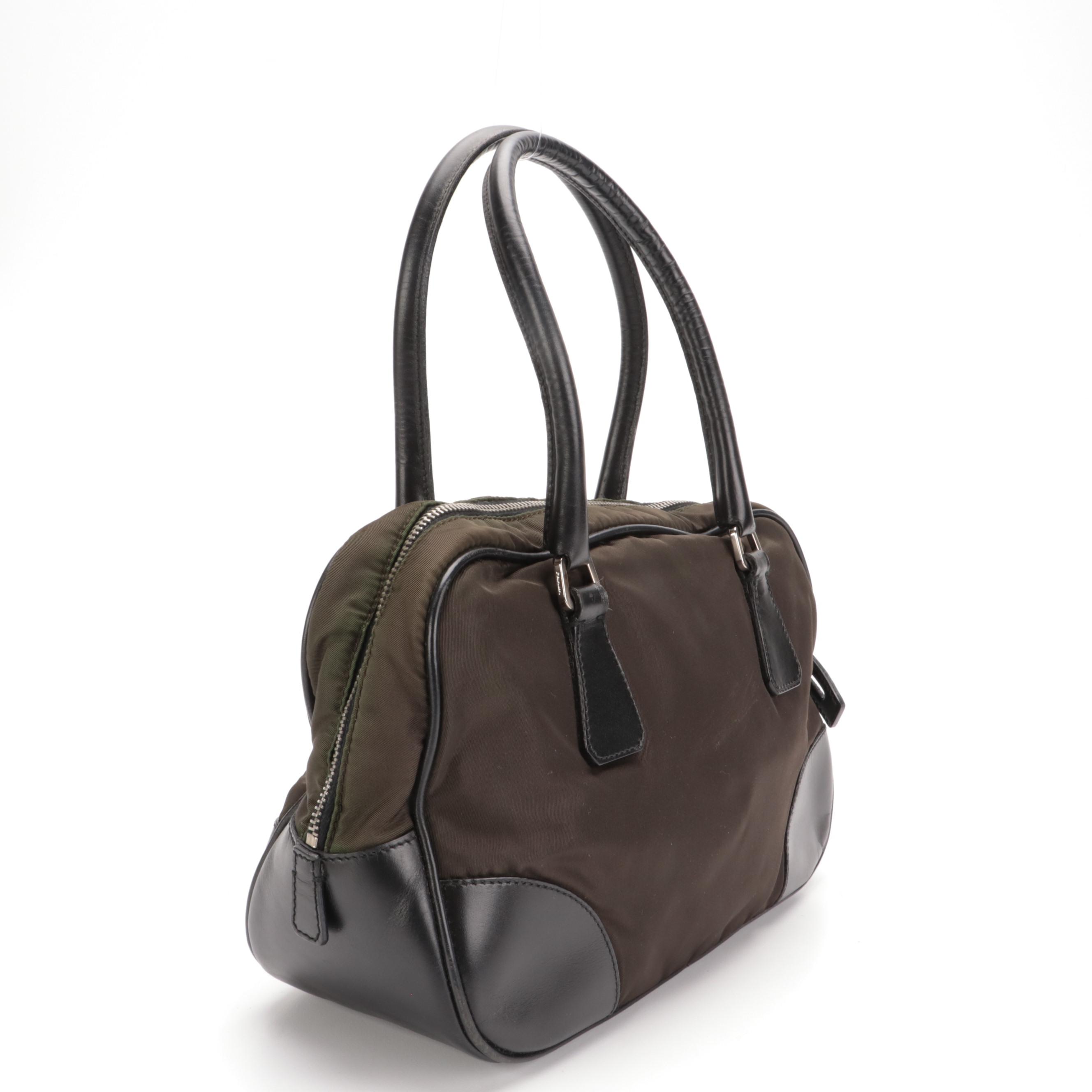 Prada Tessuto Boston Bag in Olive Green Nylon and Black Leather