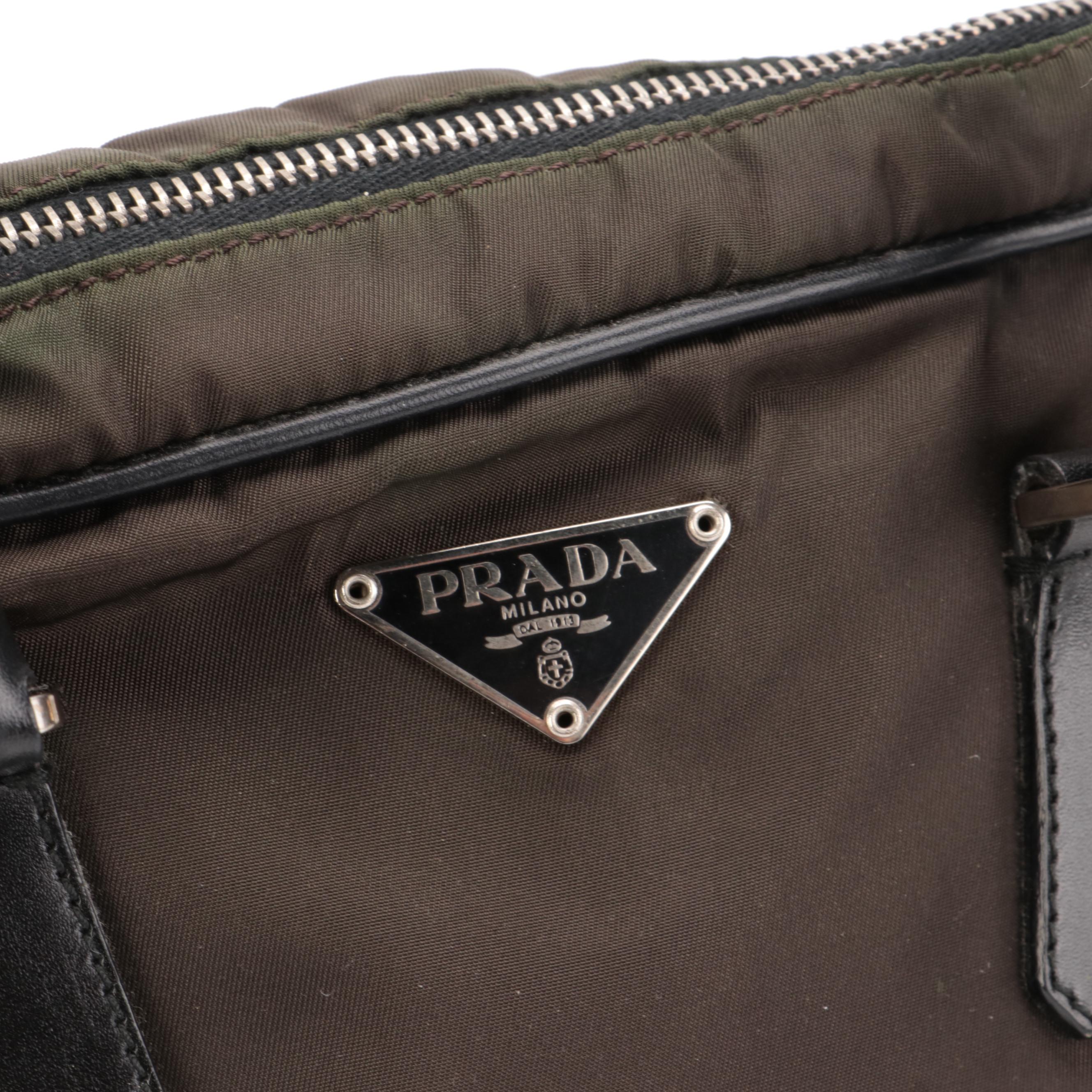 Prada Tessuto Boston Bag in Olive Green Nylon and Black Leather