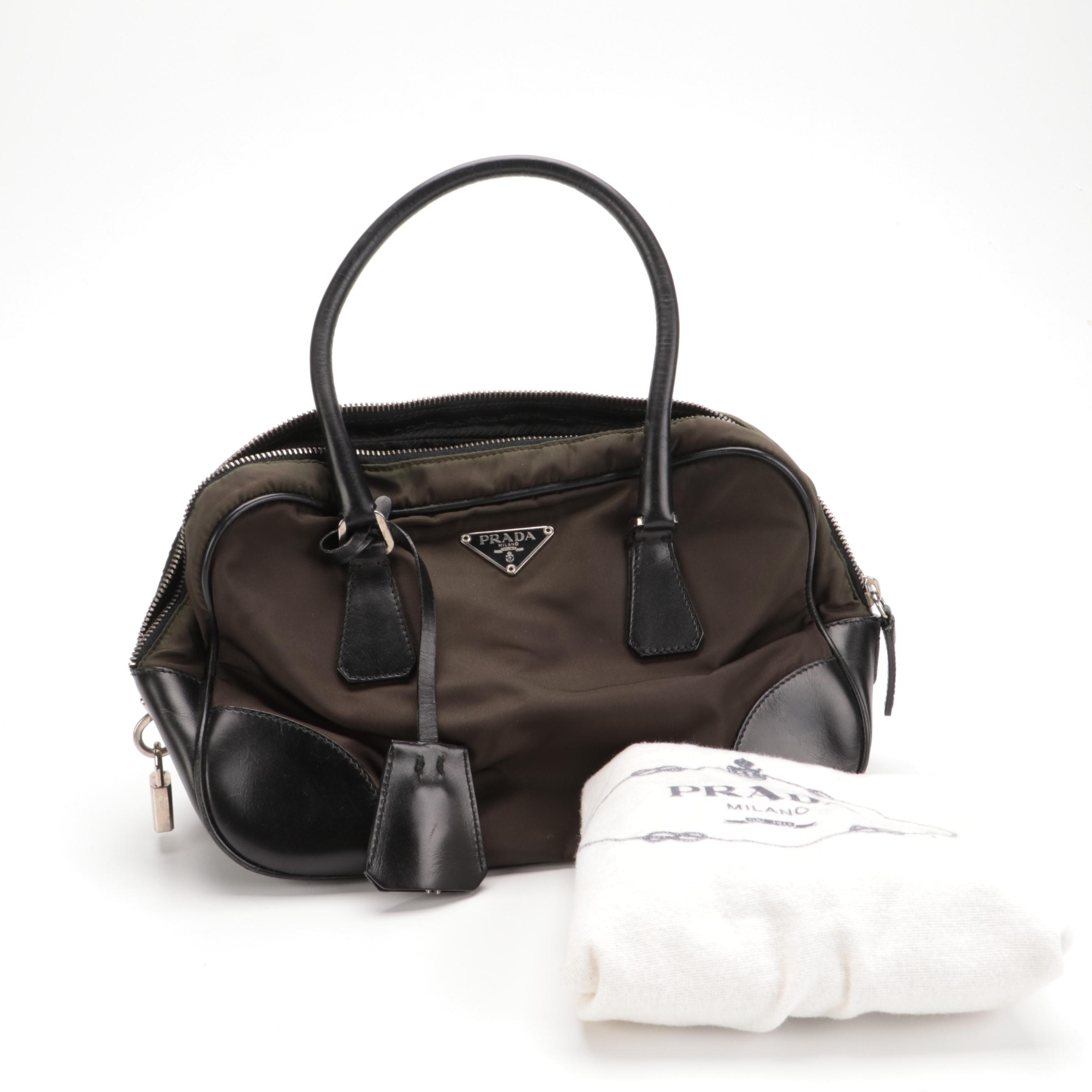Prada Tessuto Boston Bag in Olive Green Nylon and Black Leather