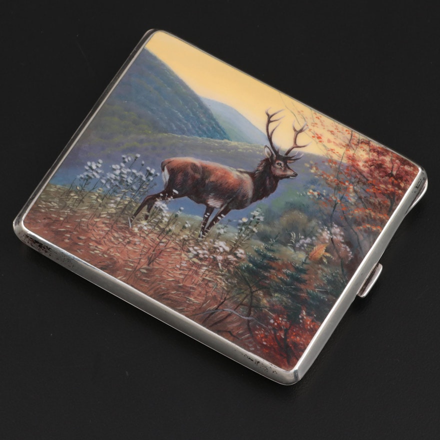 Louis Kuppenheim German Enamel 900 Silver Elk Scene Cigarette Case, Early 20th C