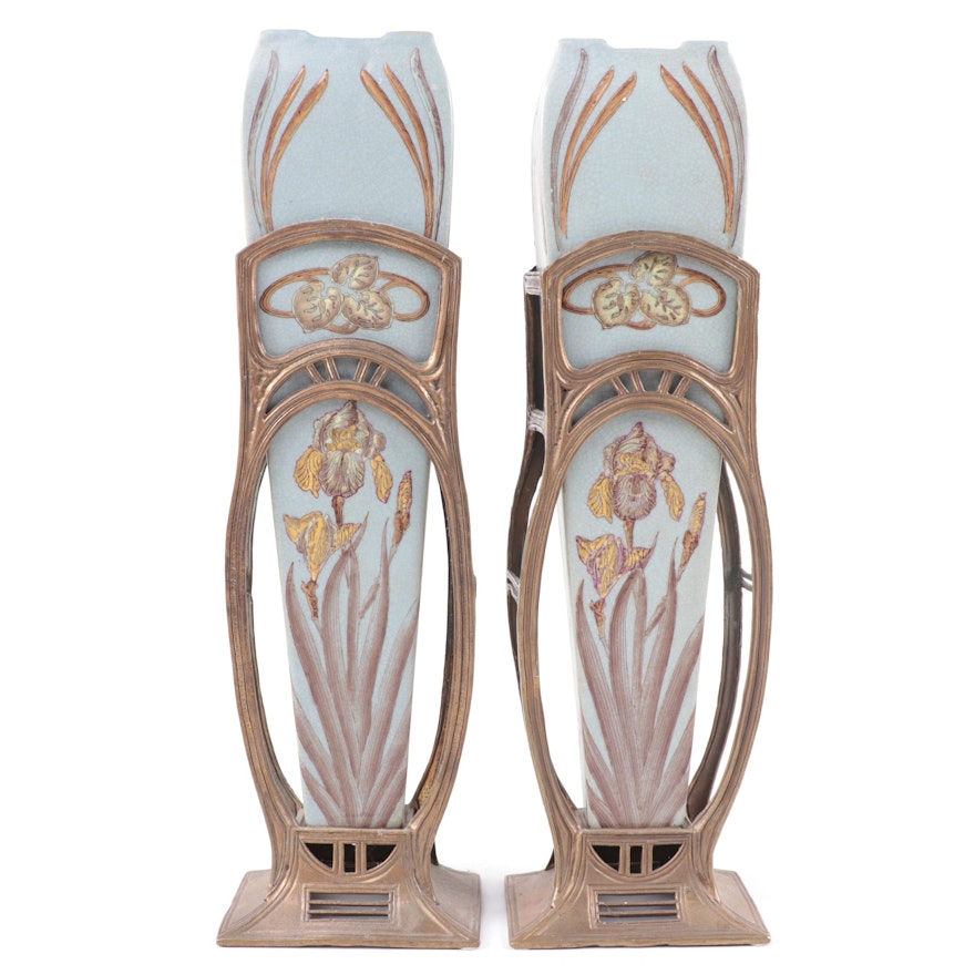 Art Nouveau Style Ceramic and Brass Vases