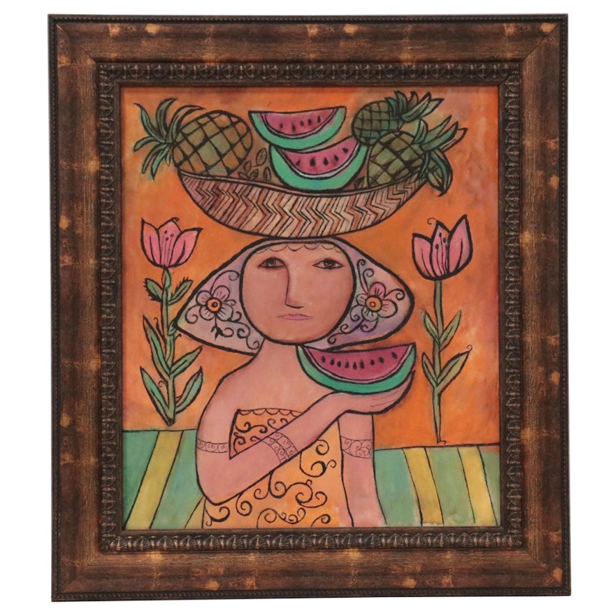 Folk Art Style Acrylic Painting, Late 20th Century