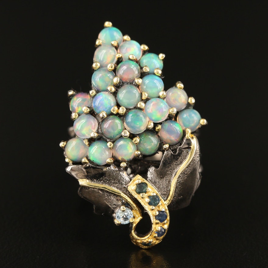 Sterling Opal, Sapphire and Sky Blue Topaz Grape Cluster Ring