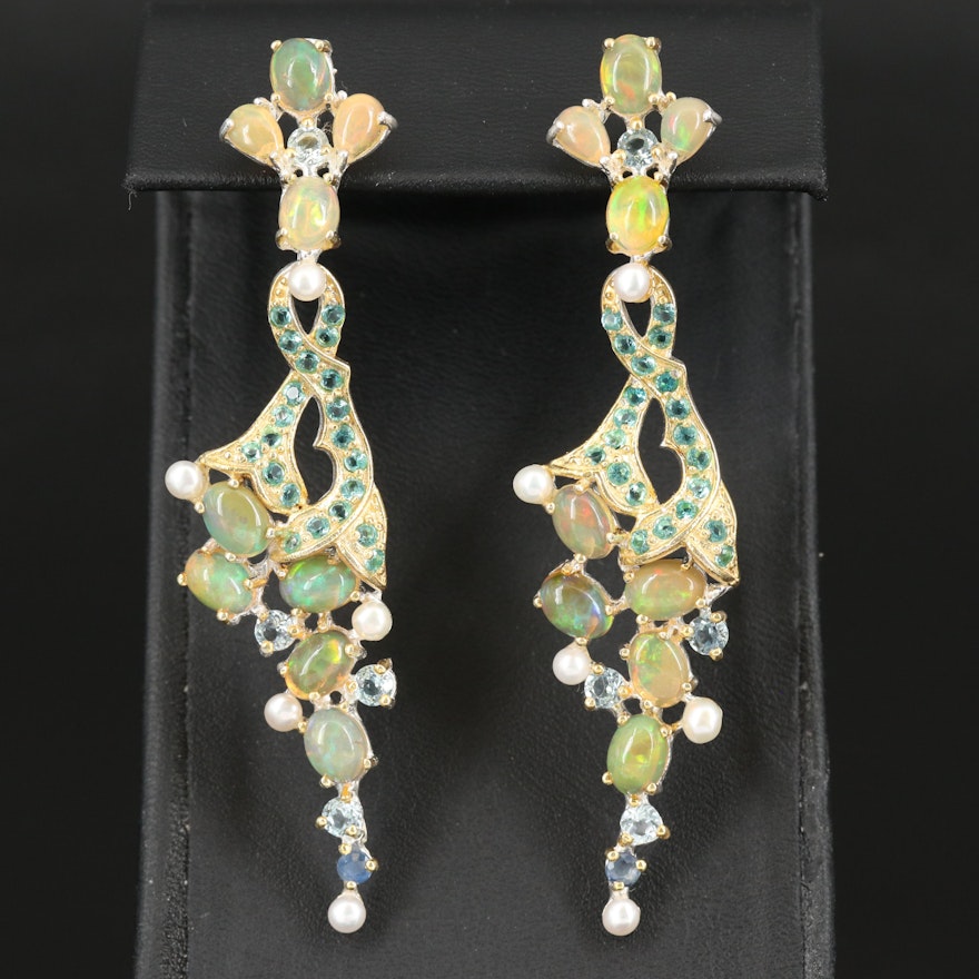 Sterling Tapered Earrings Including Opal, Pearl and Topaz