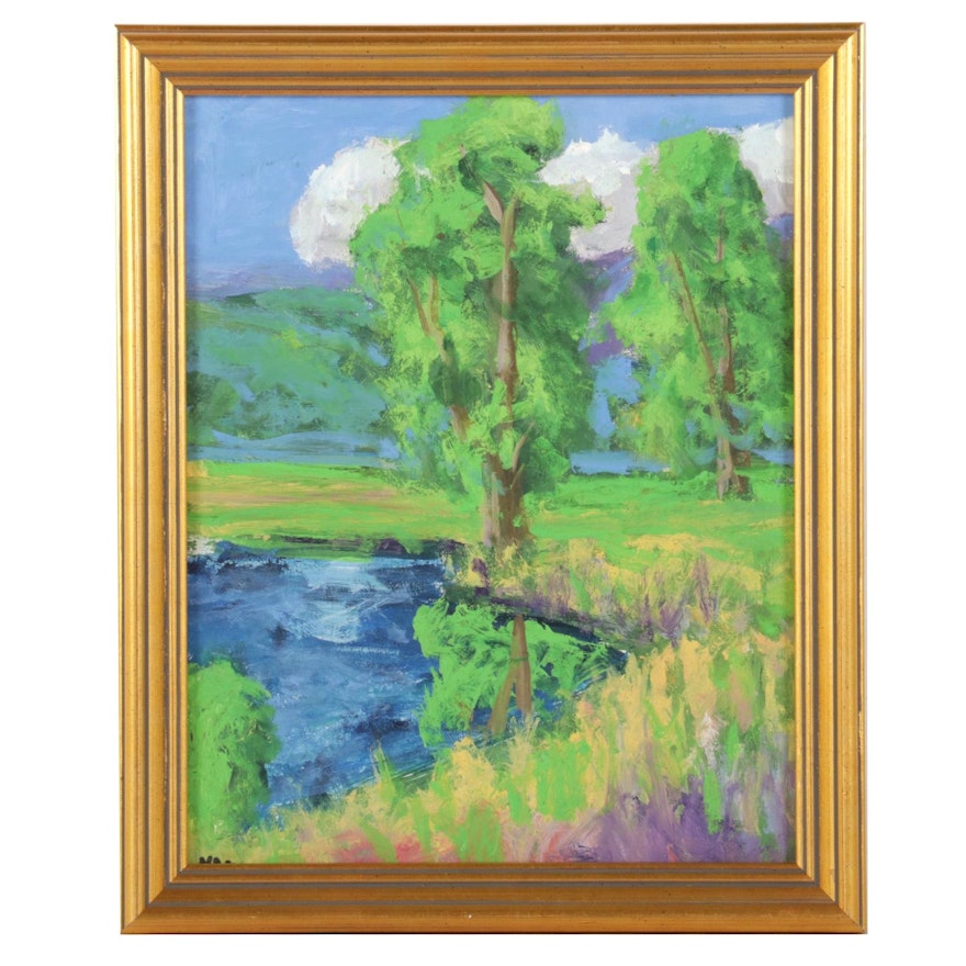 Kenneth R. Burnside Impressionist Style Rural Pond Oil Painting, 21st Century