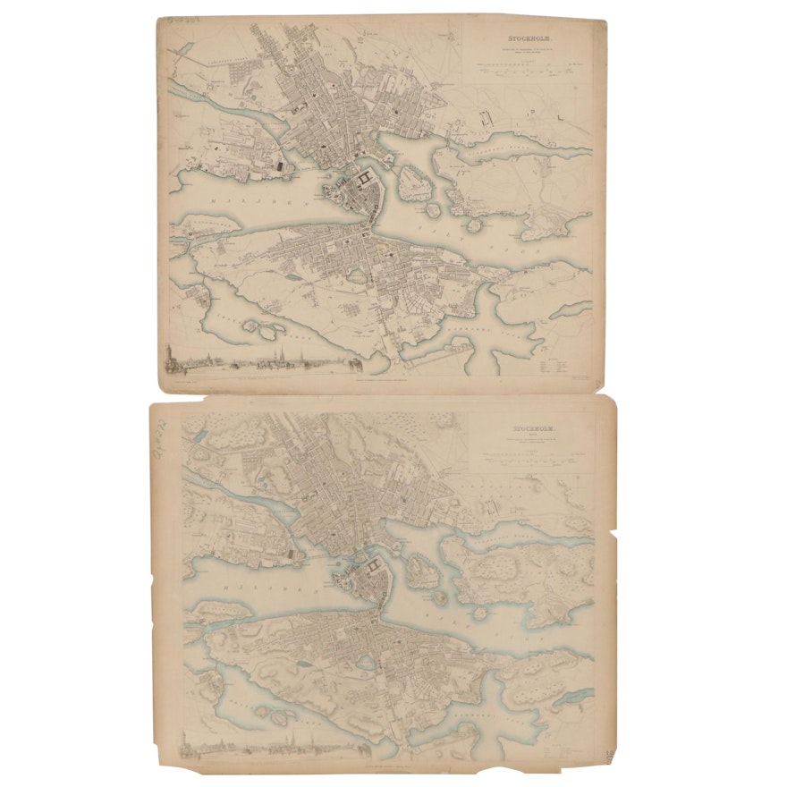 Hand-Colored Engraving Maps of Stockholm, 19th Century