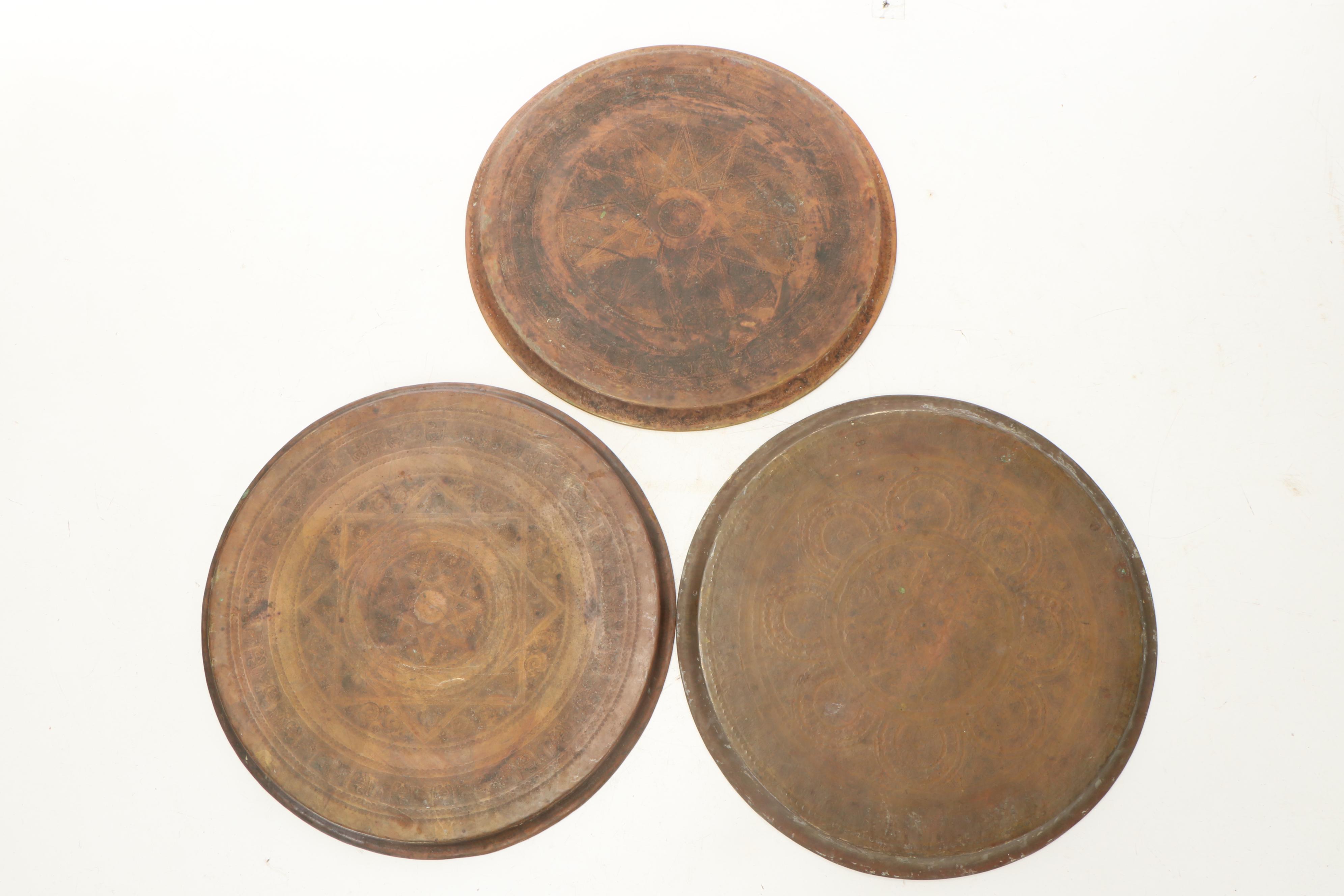 Indo-Persian Style Chased Brass and Metal Round Trays