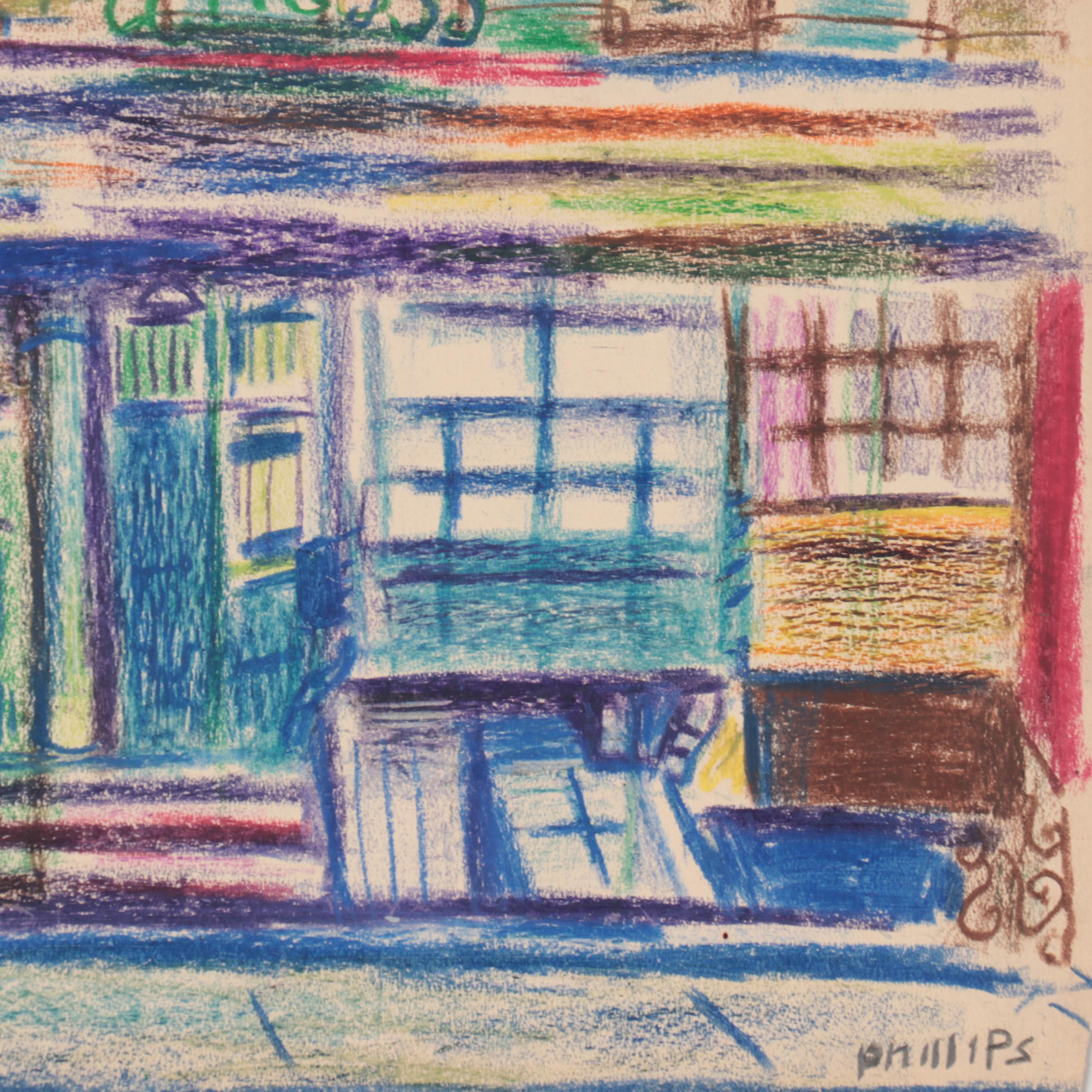 Esther Phillips Abstract Street Scene Pastel Drawing, Mid-20th Century