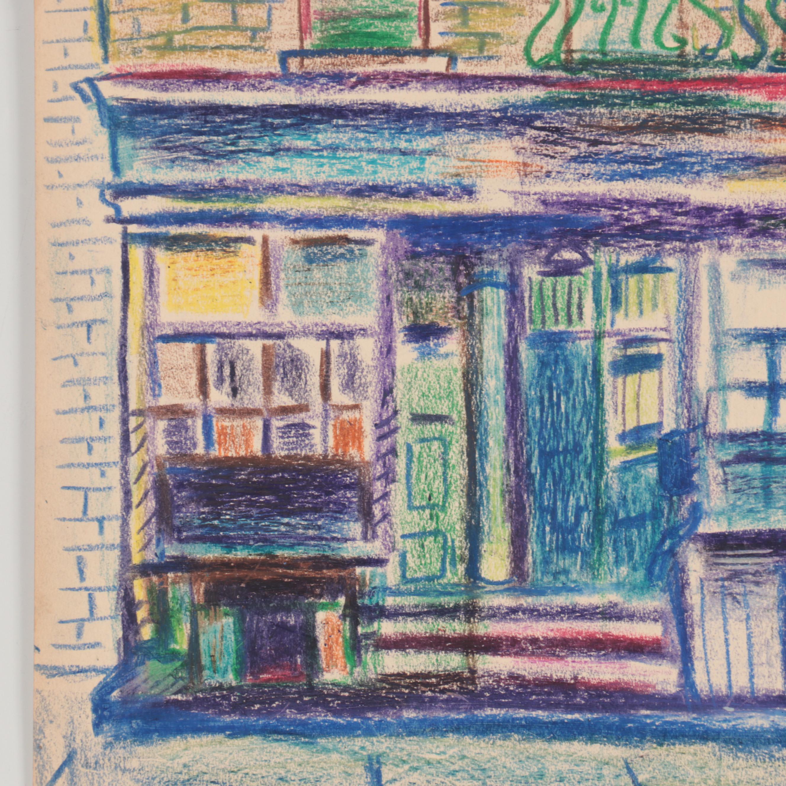 Esther Phillips Abstract Street Scene Pastel Drawing, Mid-20th Century