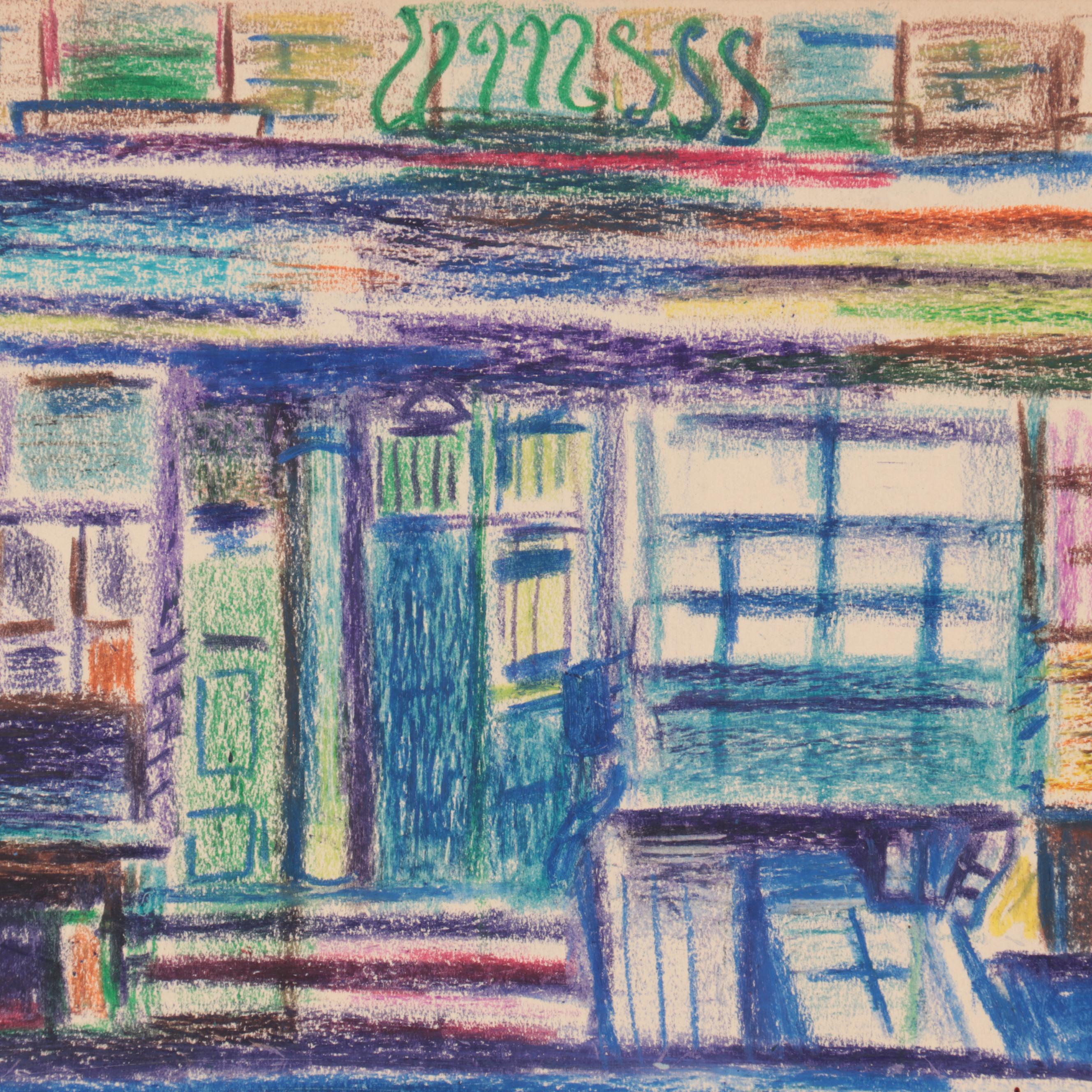 Esther Phillips Abstract Street Scene Pastel Drawing, Mid-20th Century
