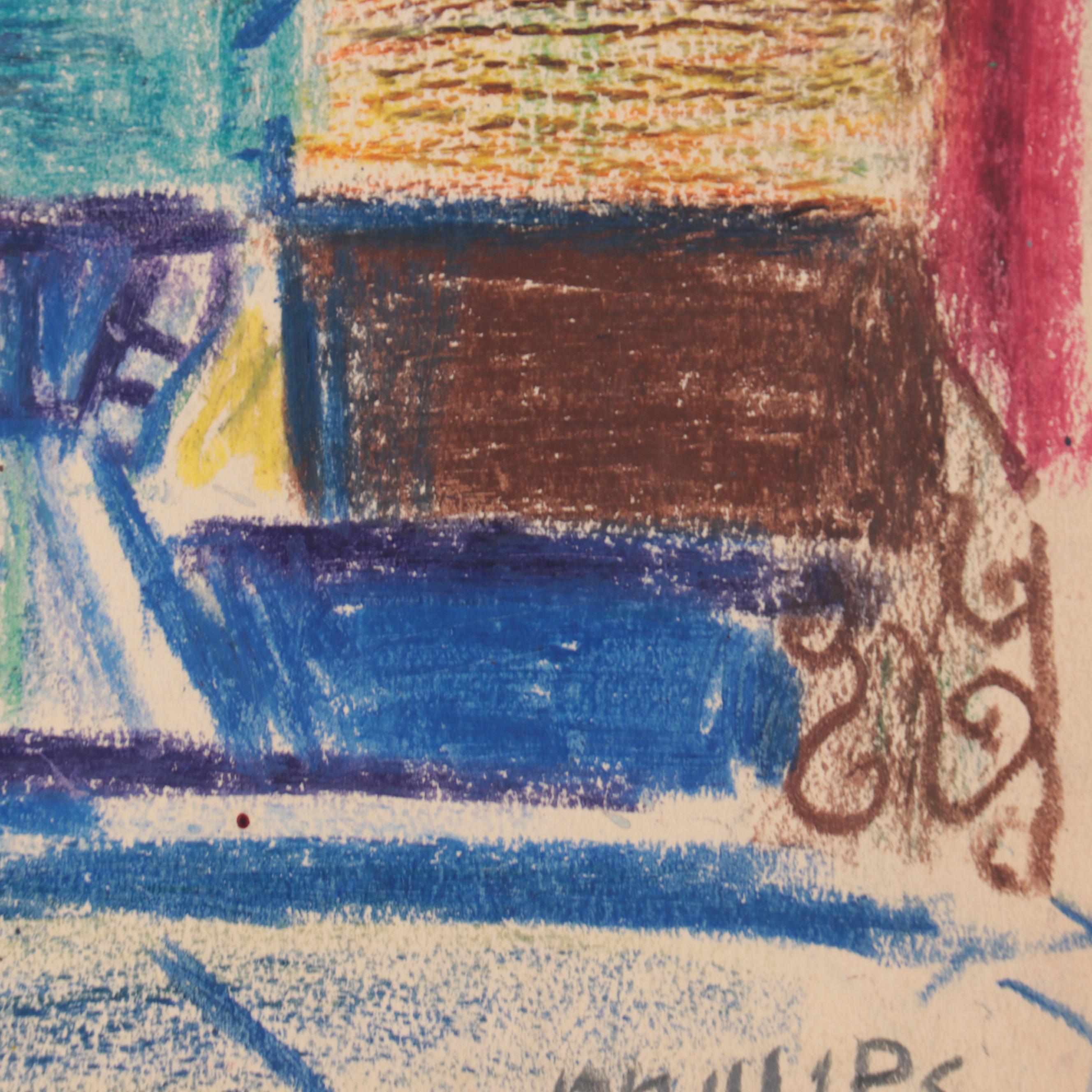 Esther Phillips Abstract Street Scene Pastel Drawing, Mid-20th Century