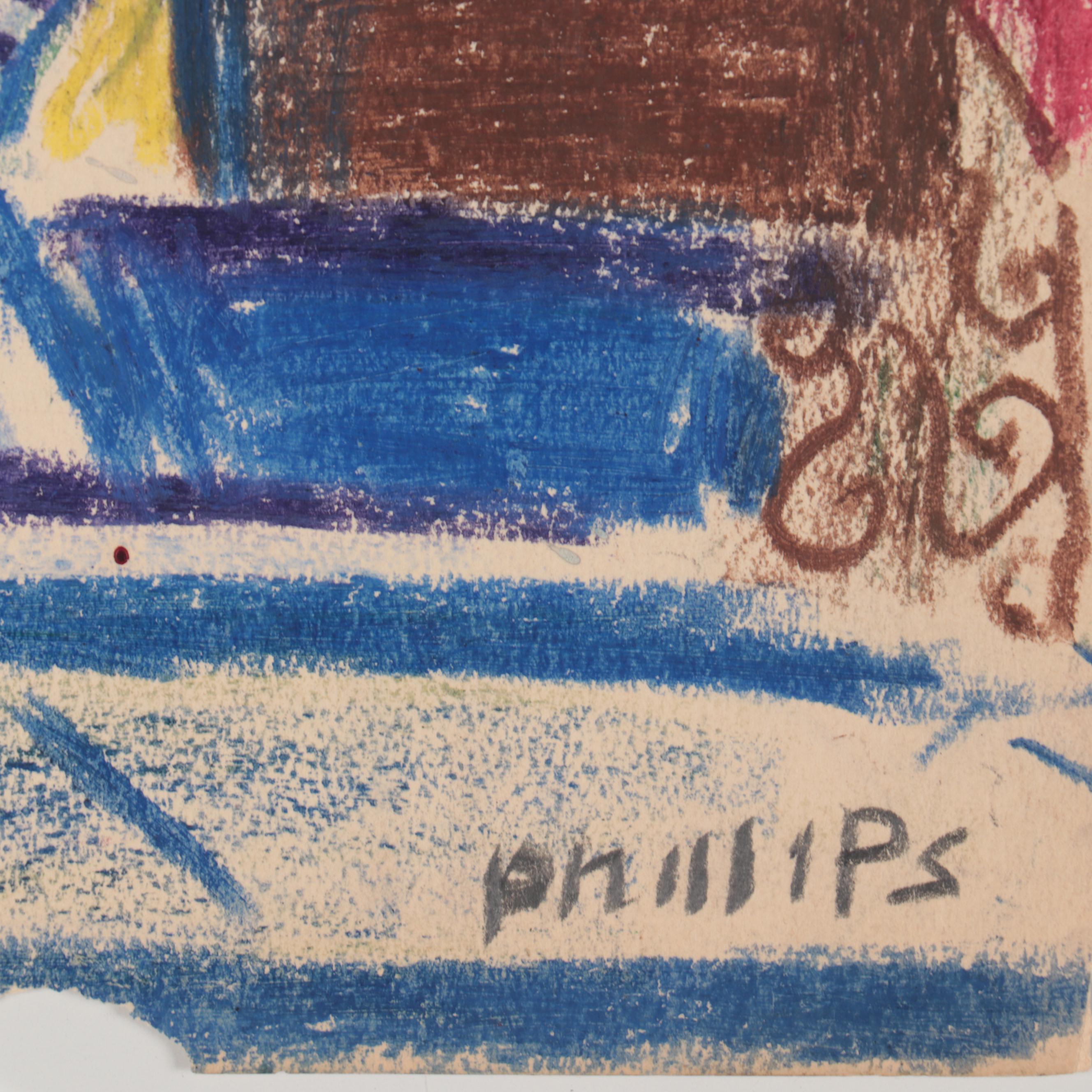 Esther Phillips Abstract Street Scene Pastel Drawing, Mid-20th Century