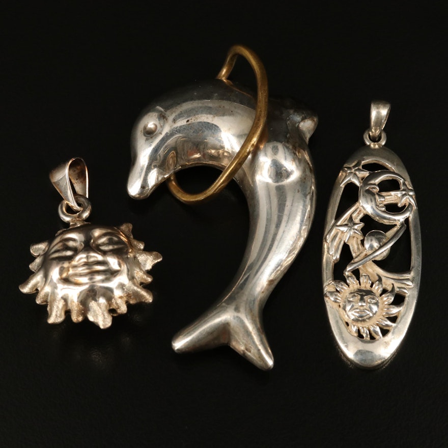 Sterling Dolphin, Sun and Moon Pendants