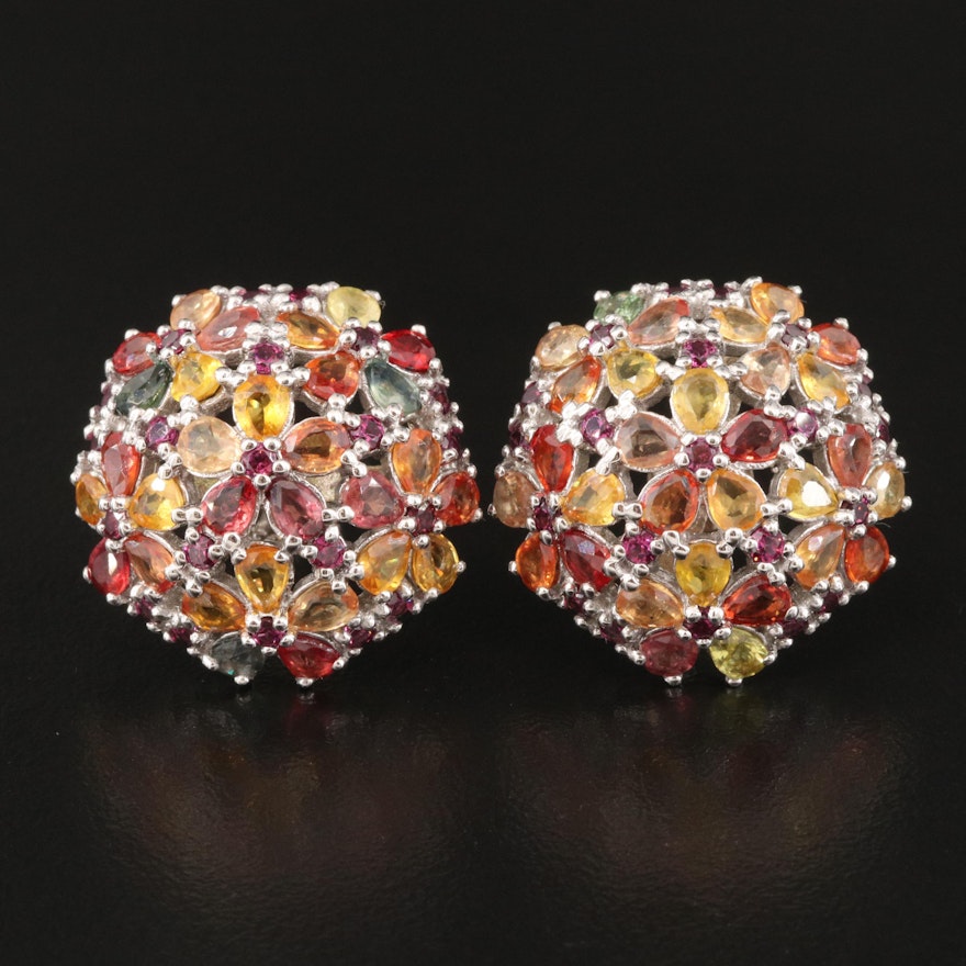 Sterling Sapphire and Rhodolite Garnet Button Earrings