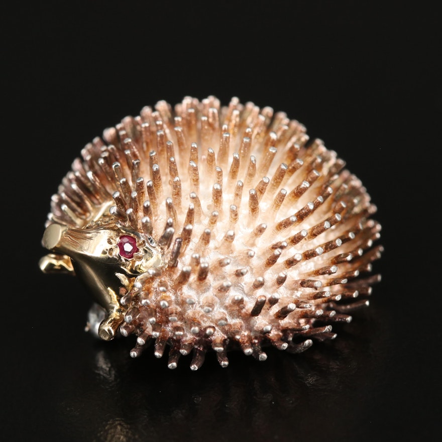 Sterling Ruby Hedgehog Brooch with 14K Accents