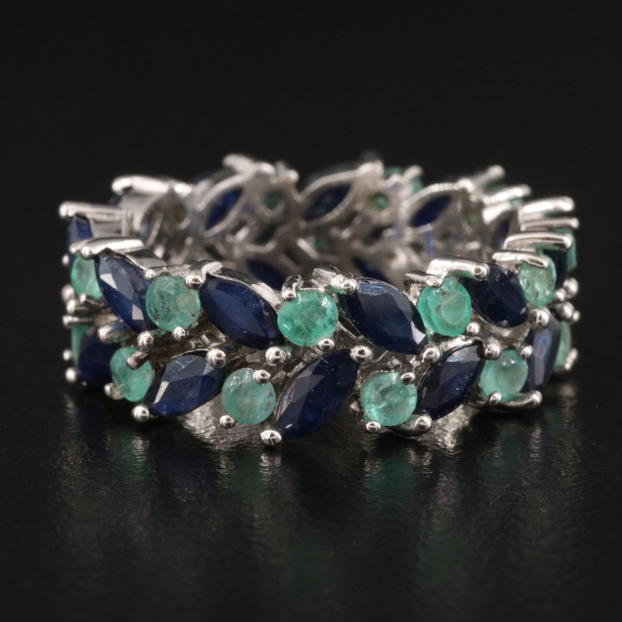 Sterling Sapphire and Emerald Double Row Eternity Band