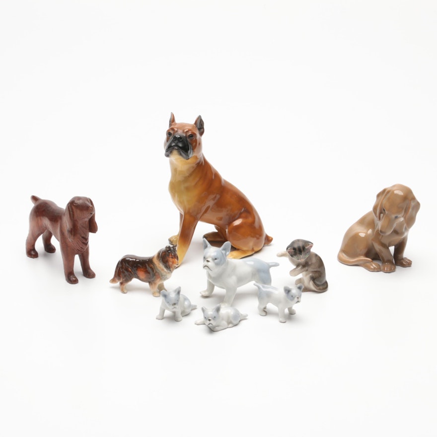 Ceramic Boxer, French Bull Dog and Other Dog Figurines with Carved Wood Setter