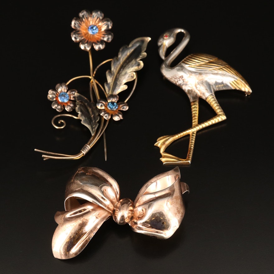 Sterling Bow, Flamingo and Rhinestone Flower Brooches