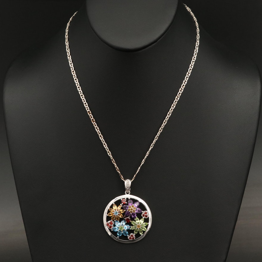 Sterling Topaz,Garnet, Peridot and Gemstone Flower Enhancer Pendant Necklace