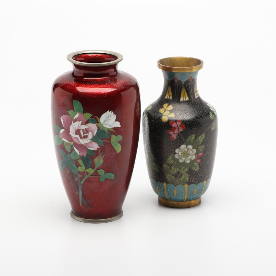 Japanese Ginbari Cloisonne Pigeon Blood Rose Vase and Chinese Cloisonne Vase