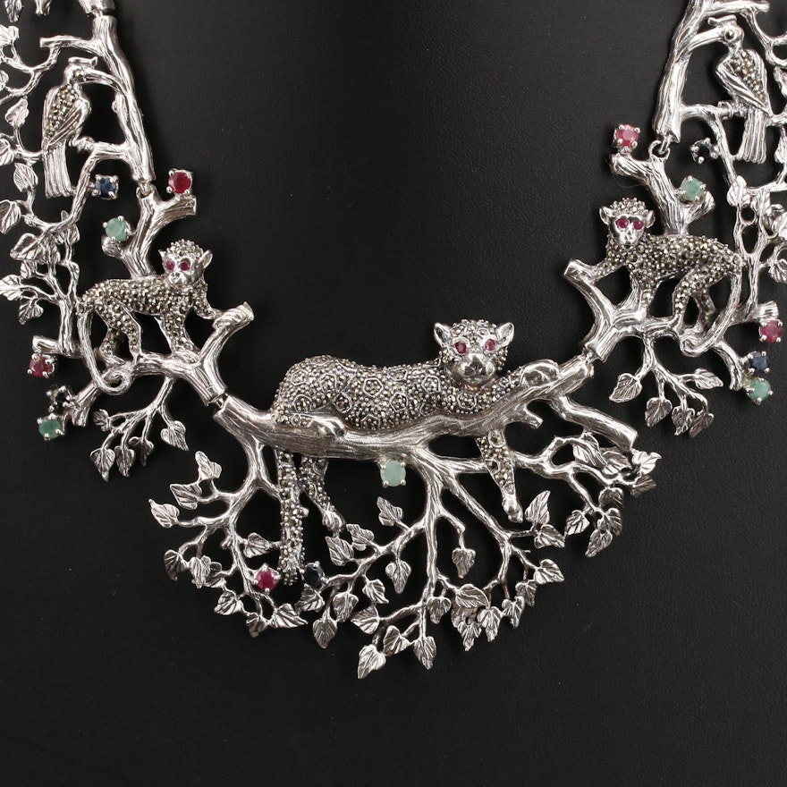 Sterling Emerald, Ruby and Gemstone Jungle Animal Necklace