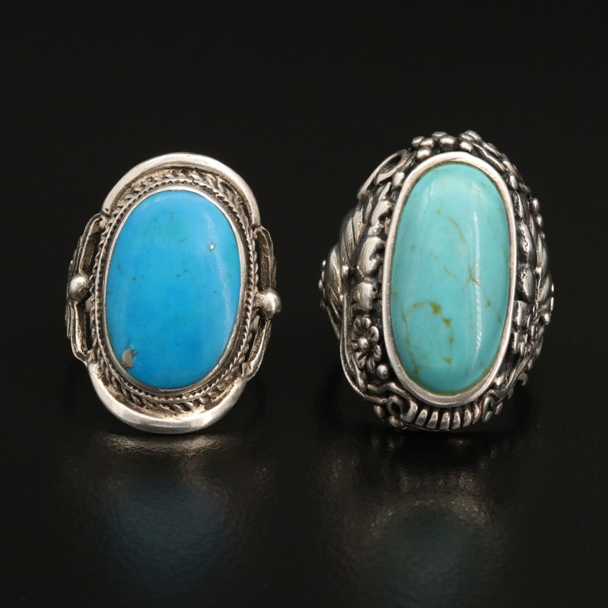 Sterling Silver Faux Turquoise Rings with Floral Details