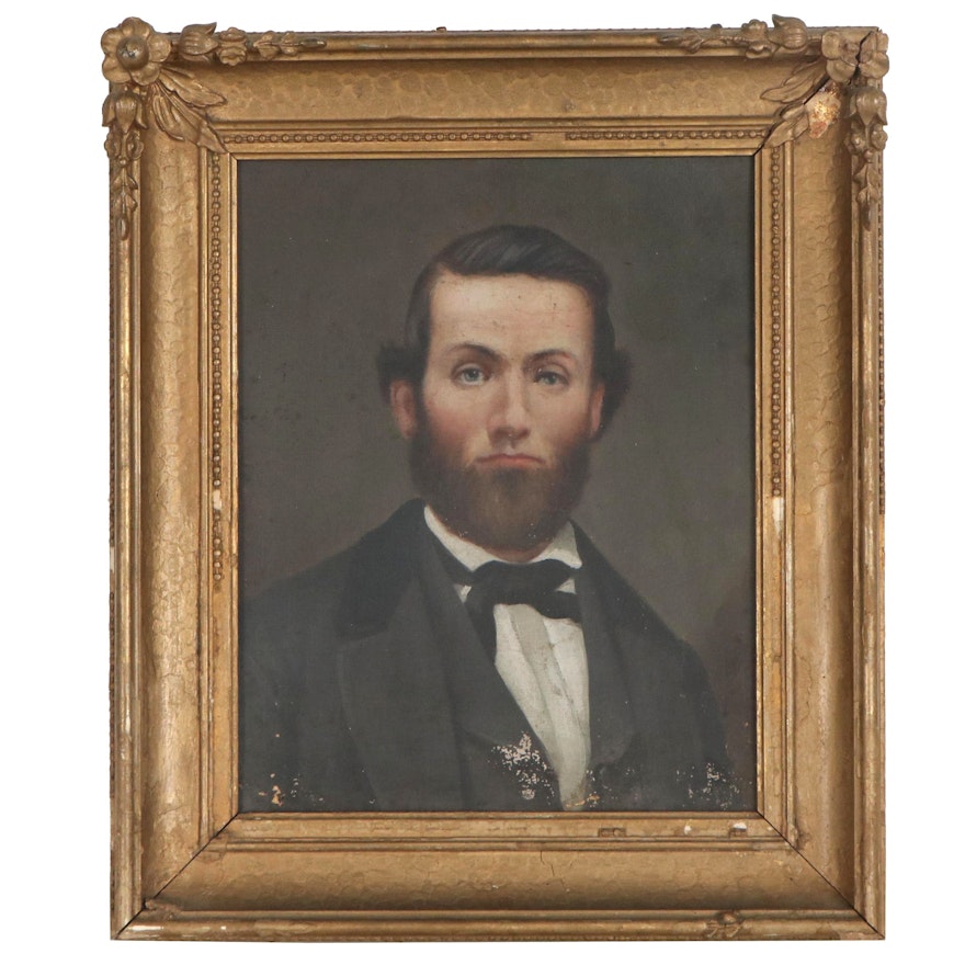 American School Portrait Oil Painting of Bearded Man Attributed to S. Jerome Uhl