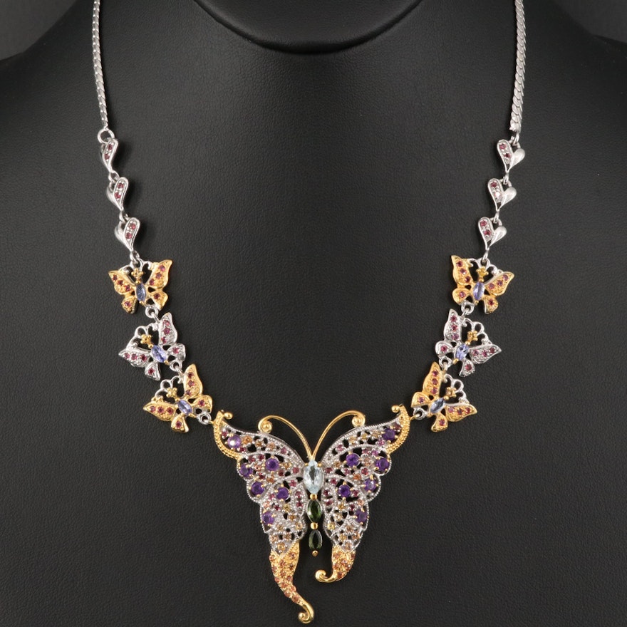 Sterling Amethyst, Aquamarine and Gemstone Butterfly Necklace