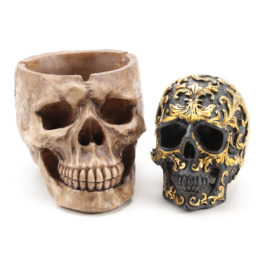 Resin Skull Replica Ashtray with Gilt Foliate Motif Skull Figurine