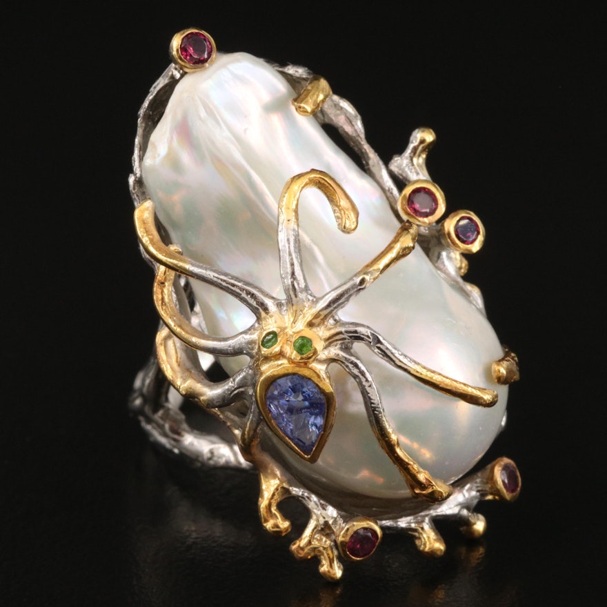 Sterling Pearl, Garnet and Gemstone Spider Ring