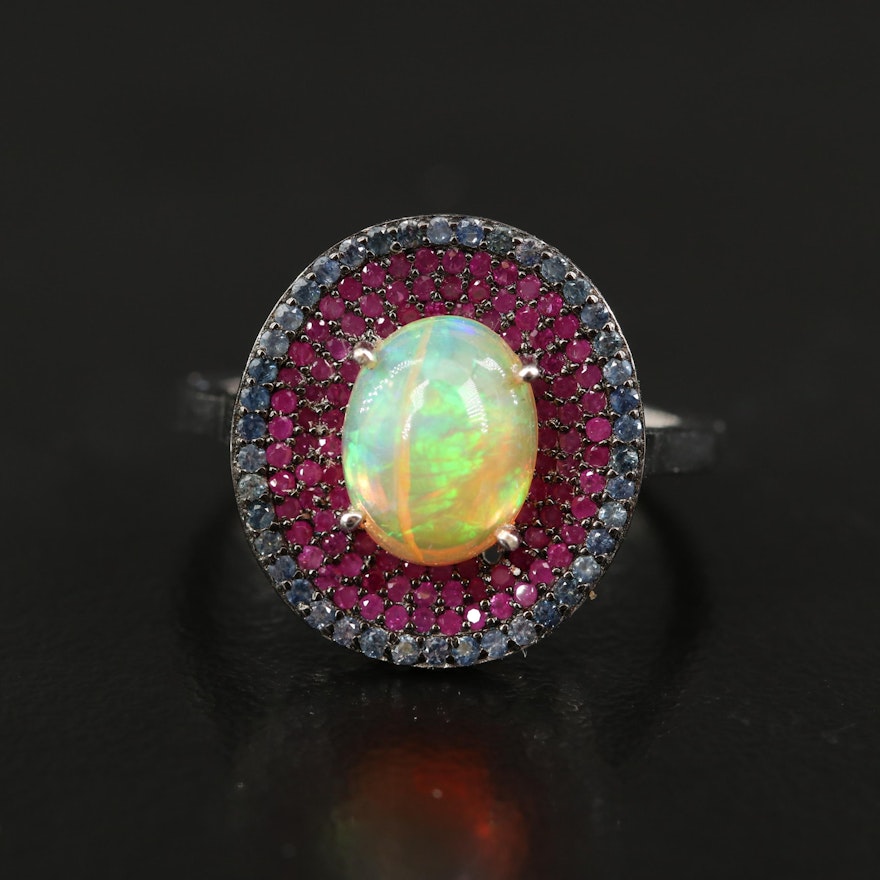 Sterling Opal, Pavé Ruby and Sapphire Ring