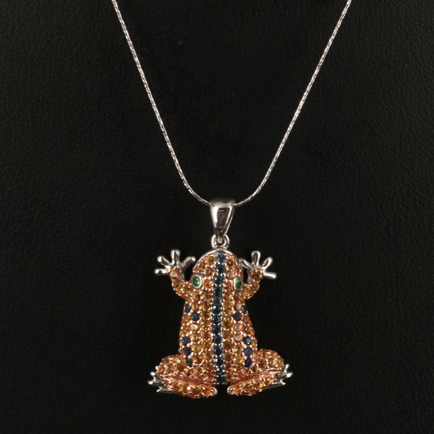 Sterling Sapphire and Tsavorite Frog Necklace