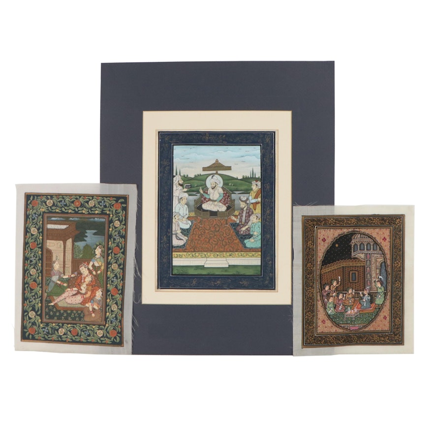 Mughal Style Courtly Scenes Gouache Paintings on Fabric