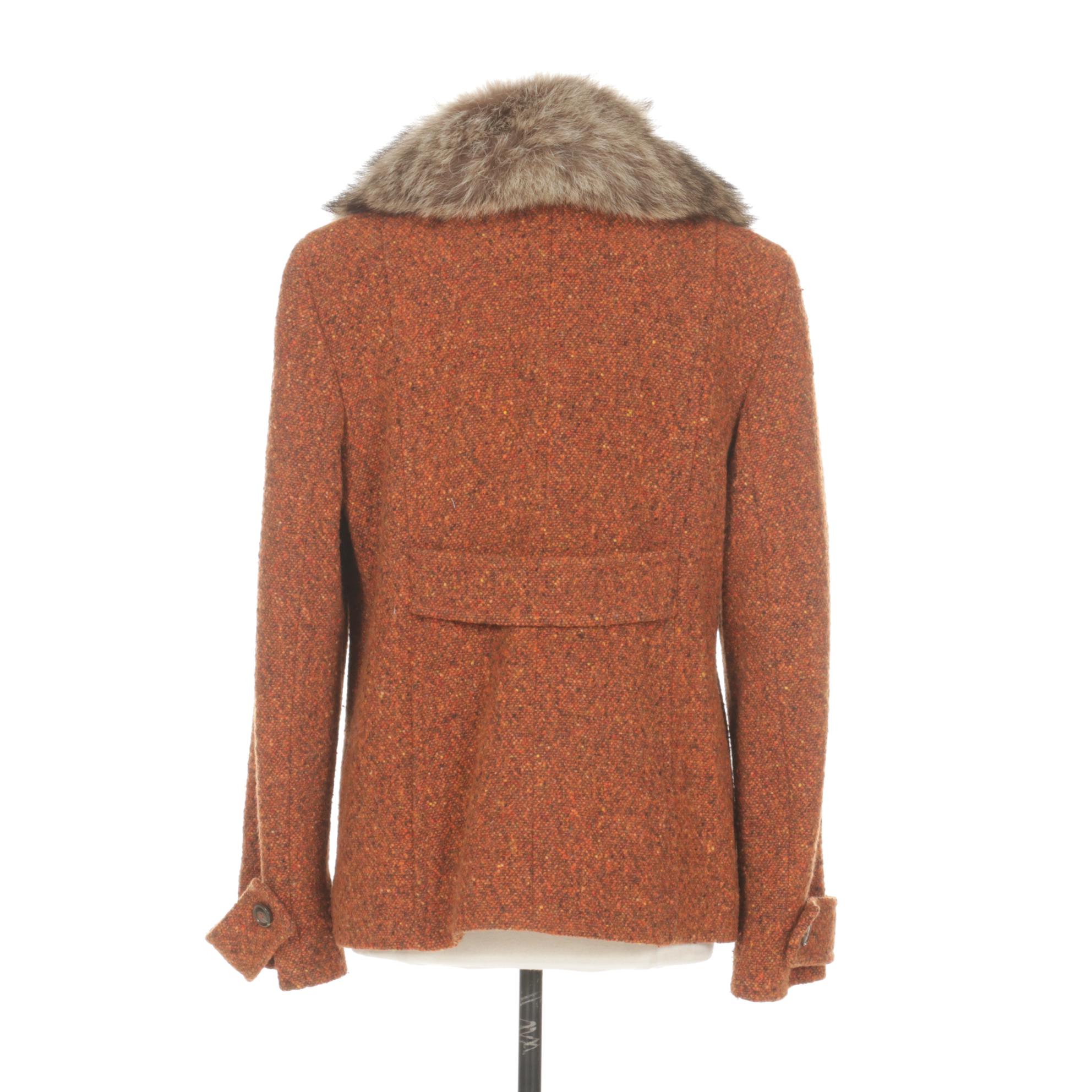 Cole Haan Tweed Wool Double-Breasted Peacoat with Raccoon Fur Collar