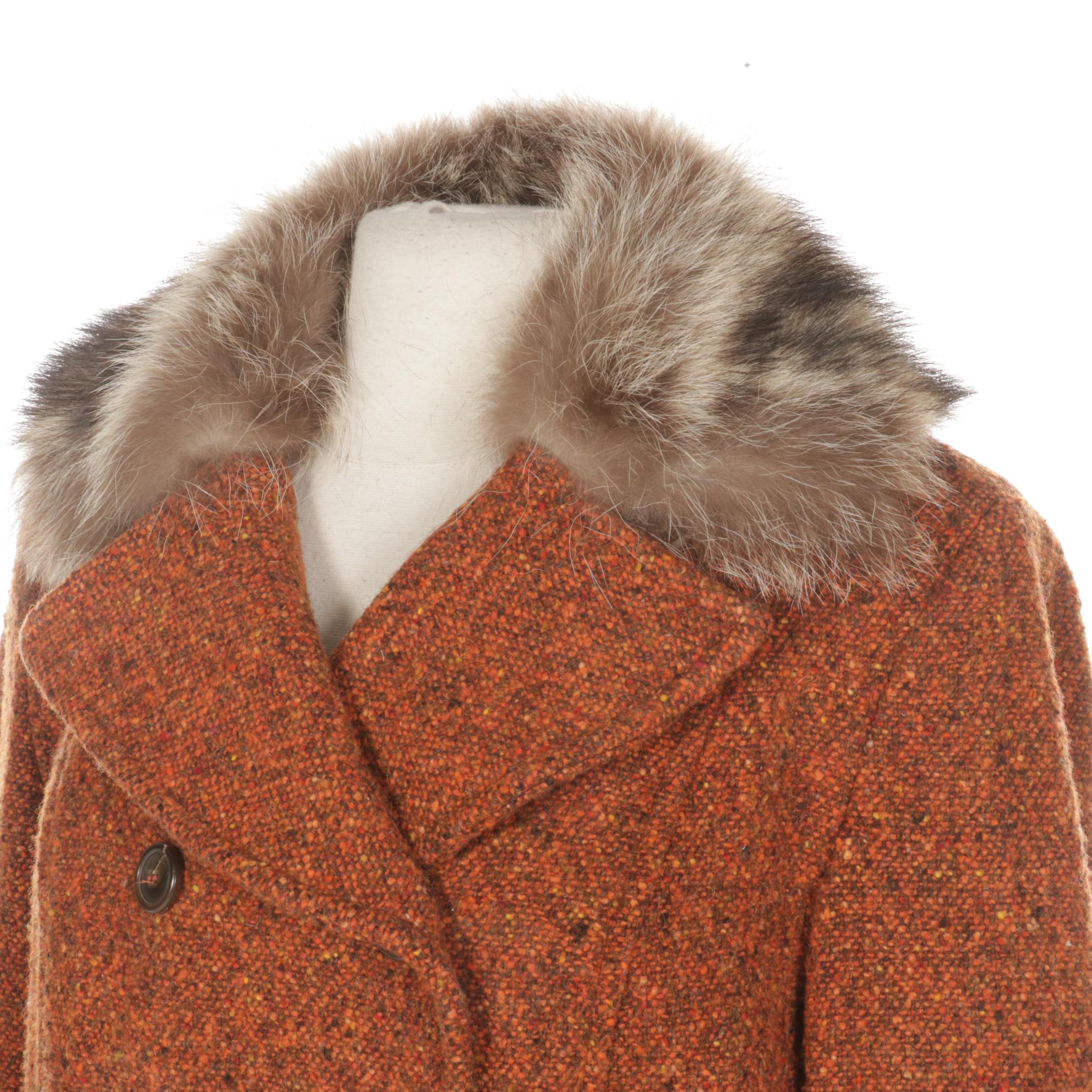 Cole Haan Tweed Wool Double-Breasted Peacoat with Raccoon Fur Collar