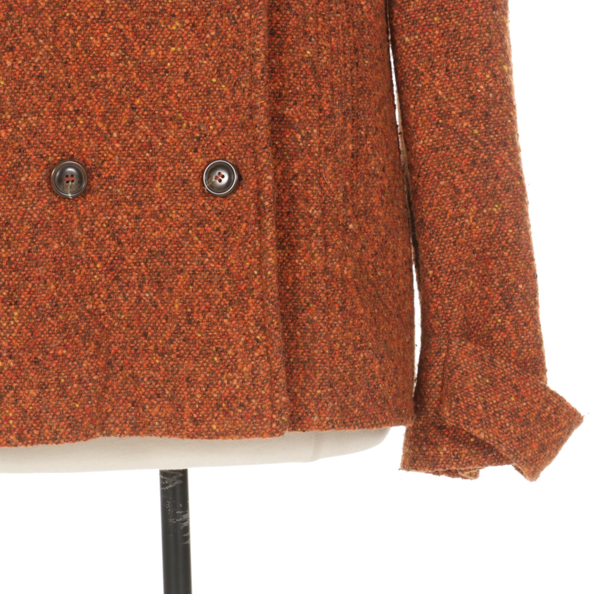 Cole Haan Tweed Wool Double-Breasted Peacoat with Raccoon Fur Collar