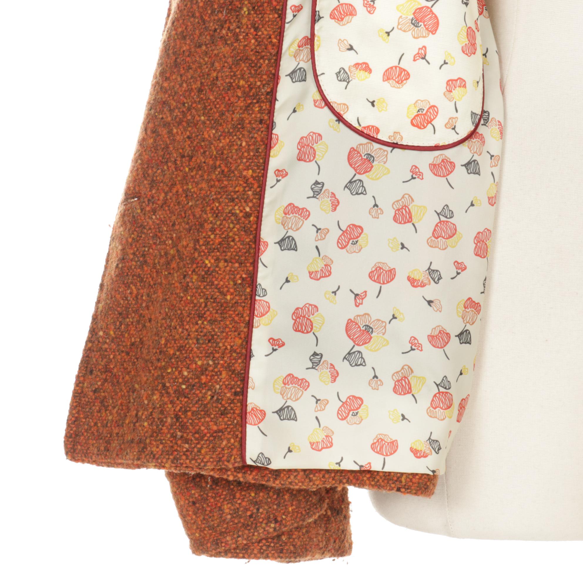 Cole Haan Tweed Wool Double-Breasted Peacoat with Raccoon Fur Collar