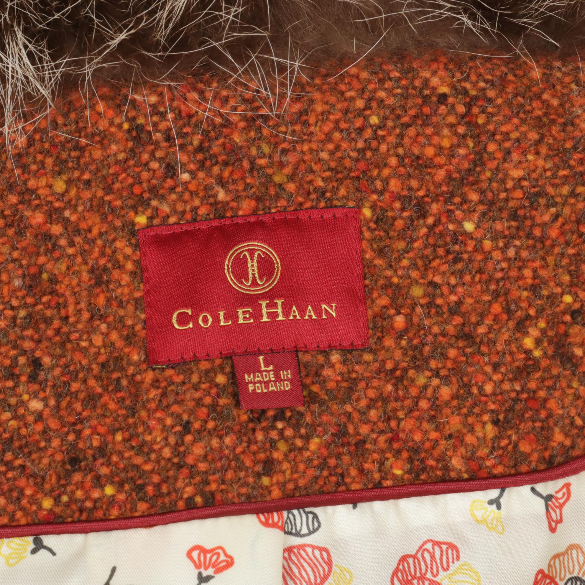 Cole Haan Tweed Wool Double-Breasted Peacoat with Raccoon Fur Collar