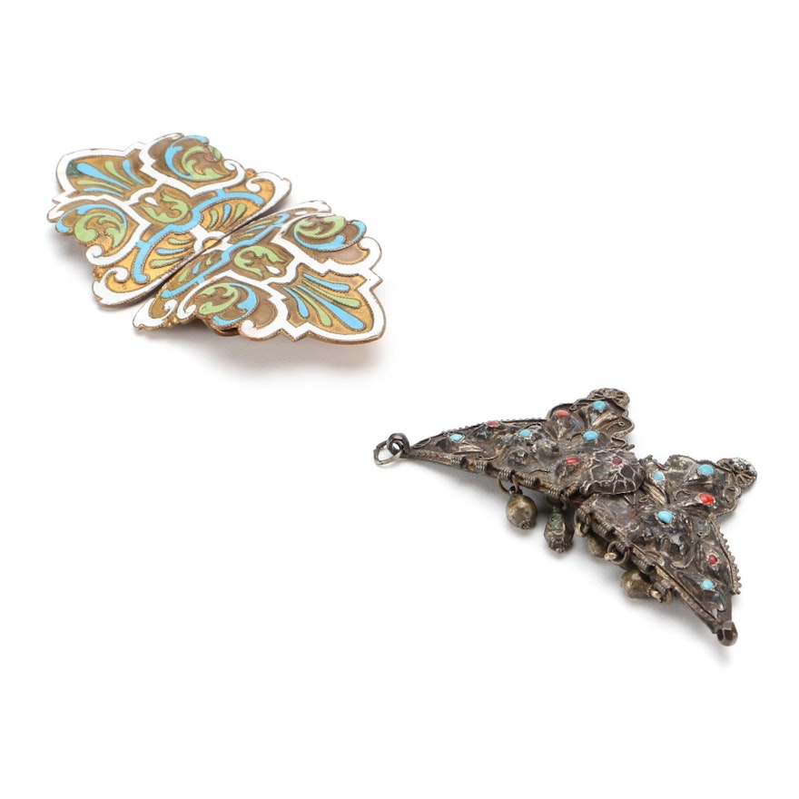 Glass and Enamel Embellished Metal Belt Buckles