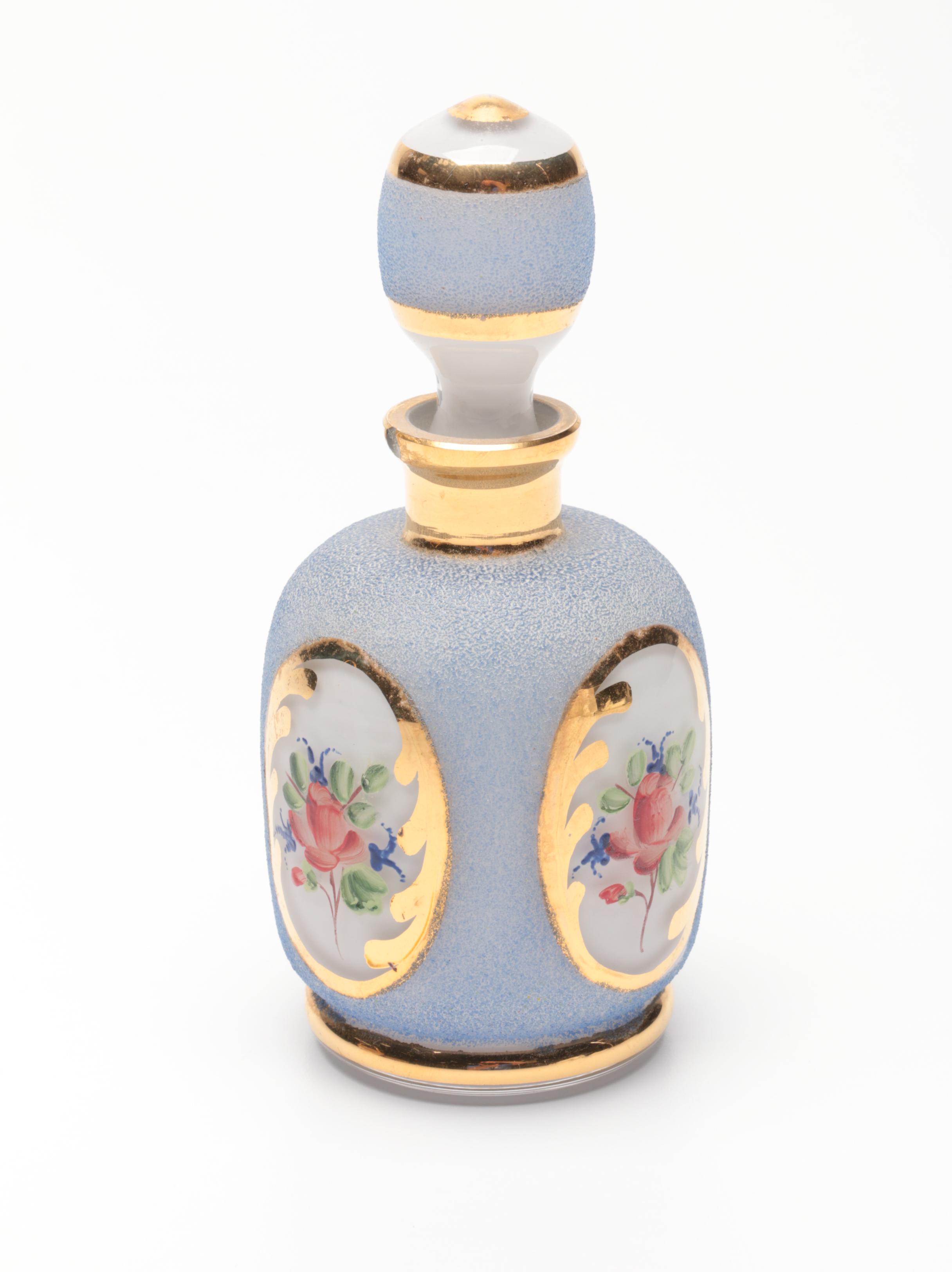 Painted Glass Perfume Bottle with Gilt Glass Basket and Jewelry Casket